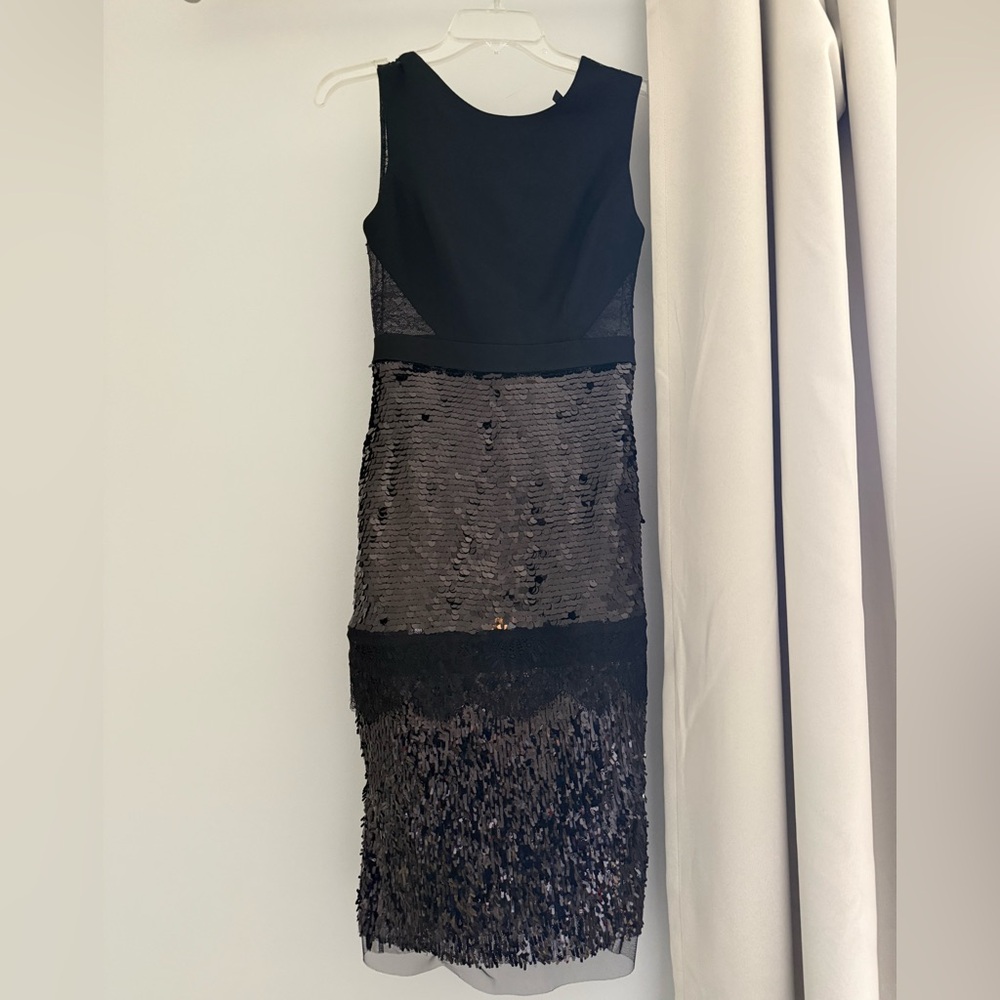 BCBGMaxAzria Black Sequin Fringe Midi Dress